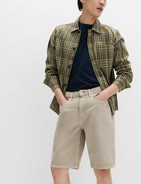 Pure Cotton Striped Rigid Denim Shorts