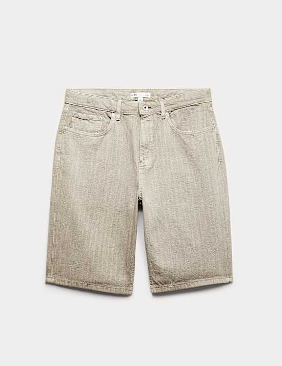 Pure Cotton Striped Rigid Denim Shorts