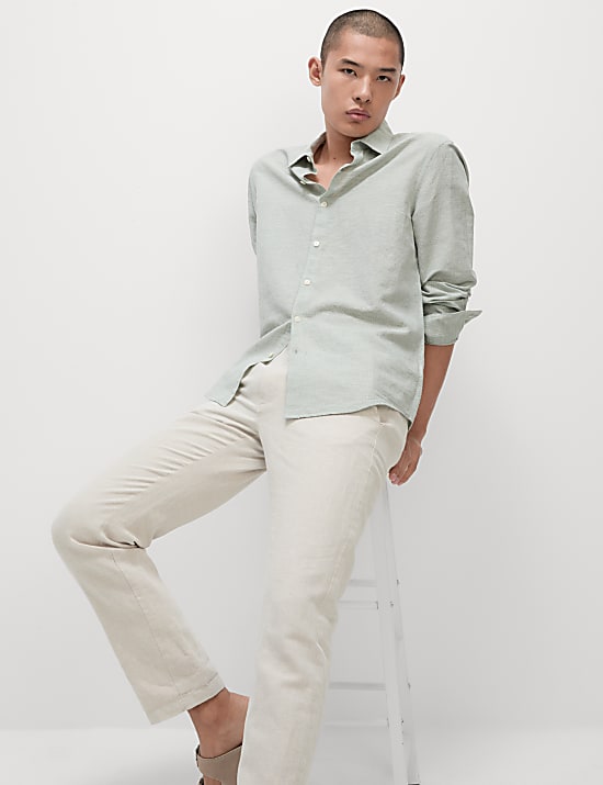 Chemise en coton et lin m&eacute;lang&eacute;s &agrave; motif pied-de-coq