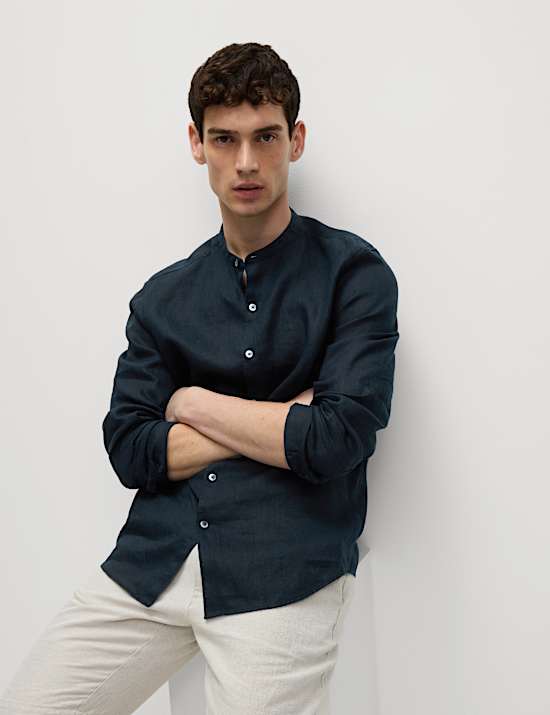 Pure Linen Grandad Collar Shirt