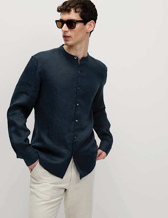 Pure Linen Grandad Collar Shirt