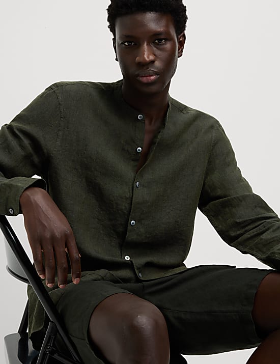 Pure Linen Grandad Collar Shirt