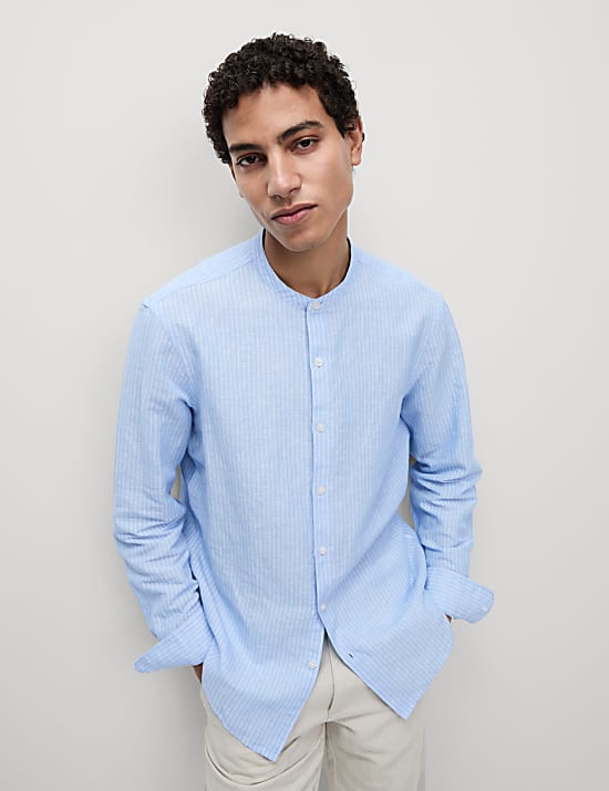 Cotton Linen Blend Striped Grandad Collar Shirt