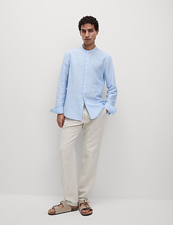 Cotton Linen Blend Striped Grandad Collar Shirt
