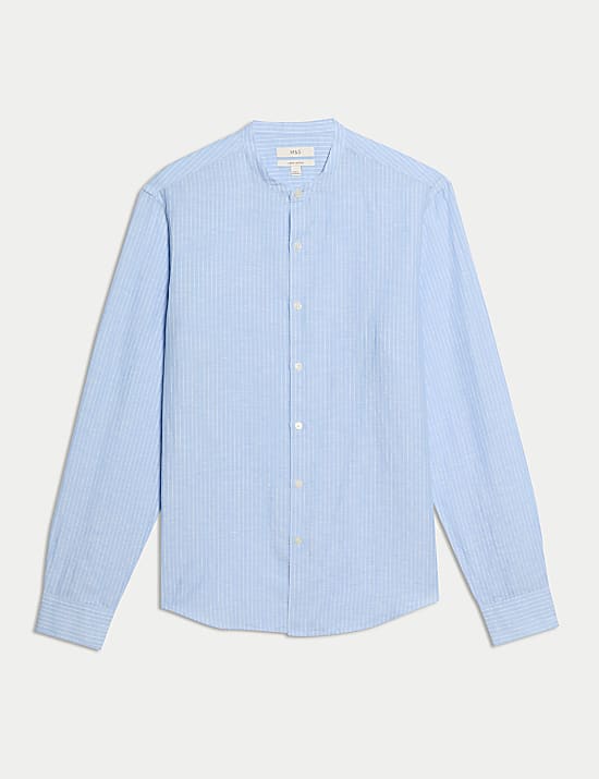Cotton Linen Blend Striped Grandad Collar Shirt