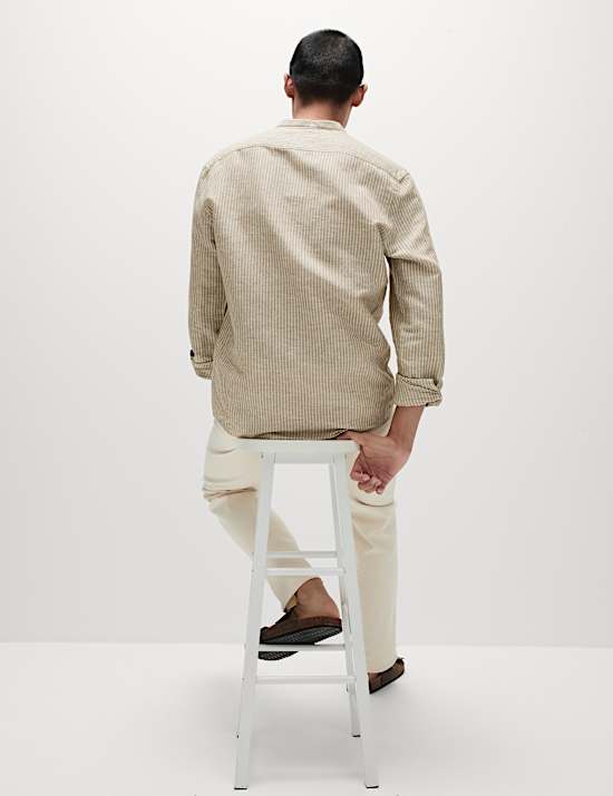 Cotton Linen Blend Striped Grandad Collar Shirt