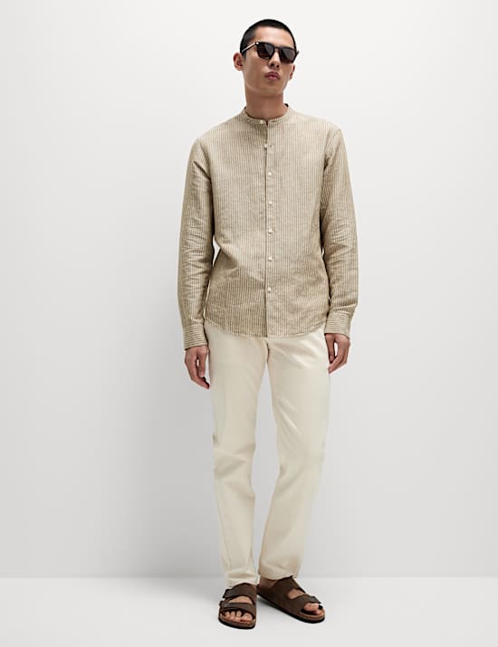 Cotton Linen Blend Striped Grandad Collar Shirt