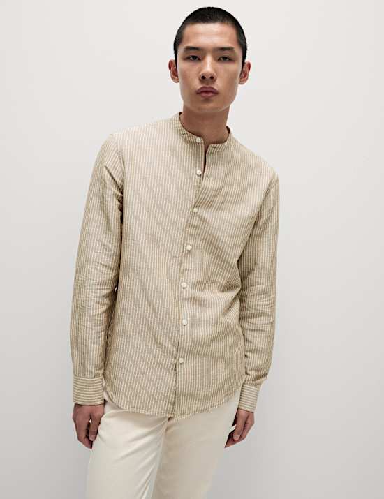 Cotton Linen Blend Striped Grandad Collar Shirt
