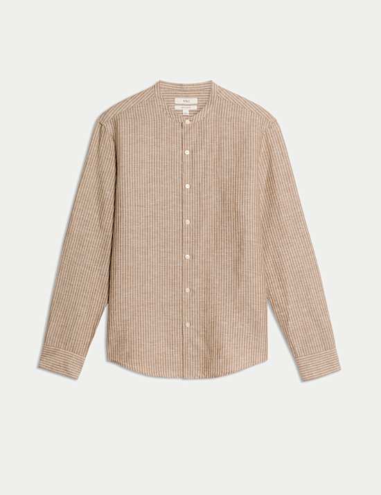 Cotton Linen Blend Striped Grandad Collar Shirt