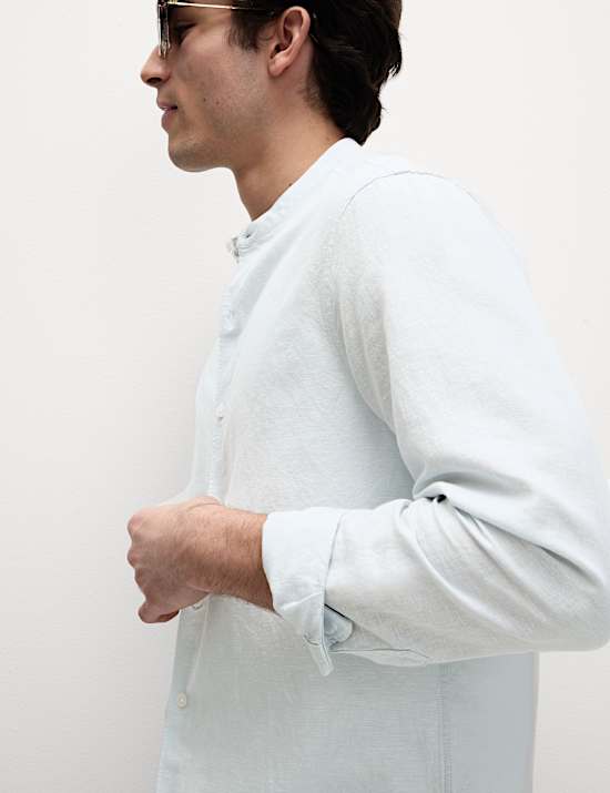 Cotton Linen Blend Grandad Collar Shirt