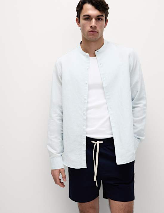 Cotton Linen Blend Grandad Collar Shirt