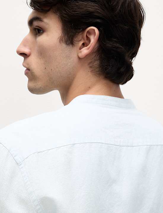 Cotton Linen Blend Grandad Collar Shirt