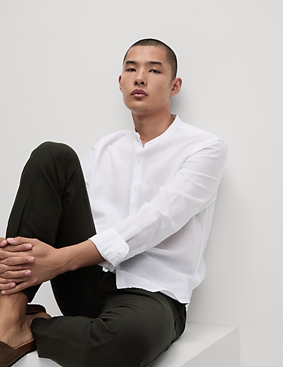 Hemd aus Baumwoll-Leinen-Mischgewebe mit Großvater-Kragen