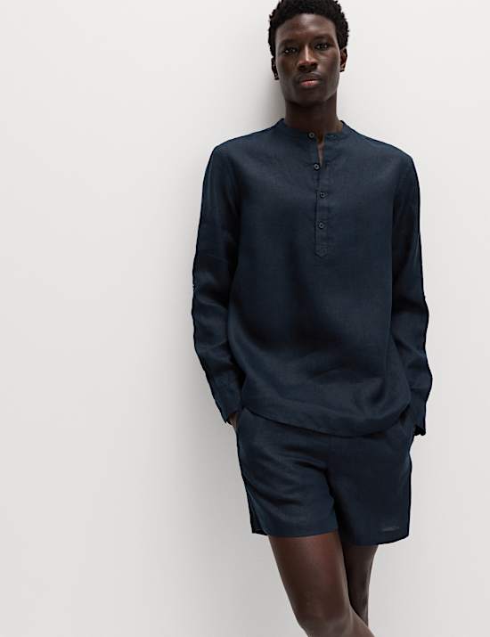 Pure Linen Grandad Collar Shirt