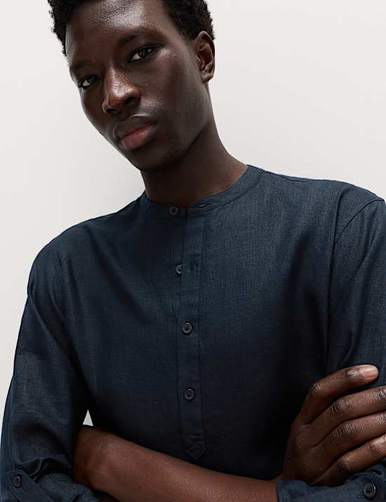 Pure Linen Grandad Collar Shirt