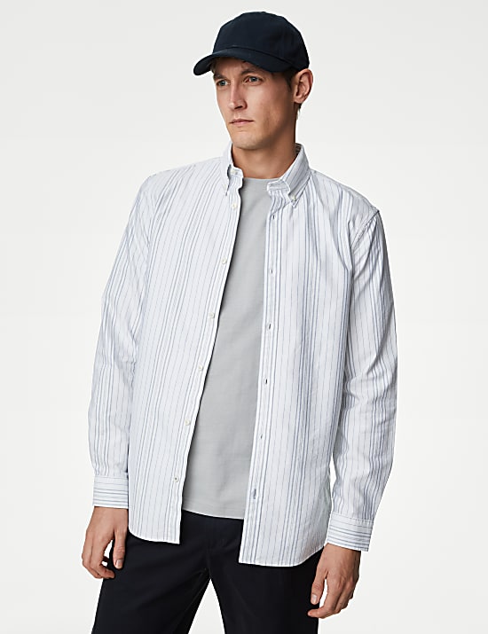 Easy Iron Cotton Rich Striped Oxford Shirt