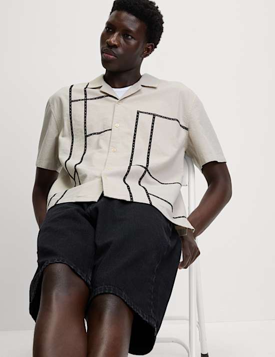 Relaxed Fit Cotton Rich Line Embroidery Shirt