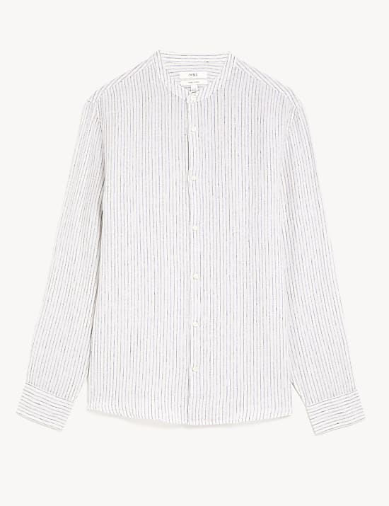Pure Linen Striped Grandad Collar Shirt