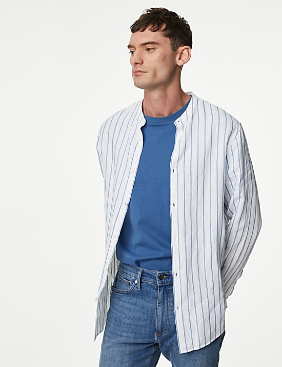 Linen Rich Striped Grandad Collar Shirt