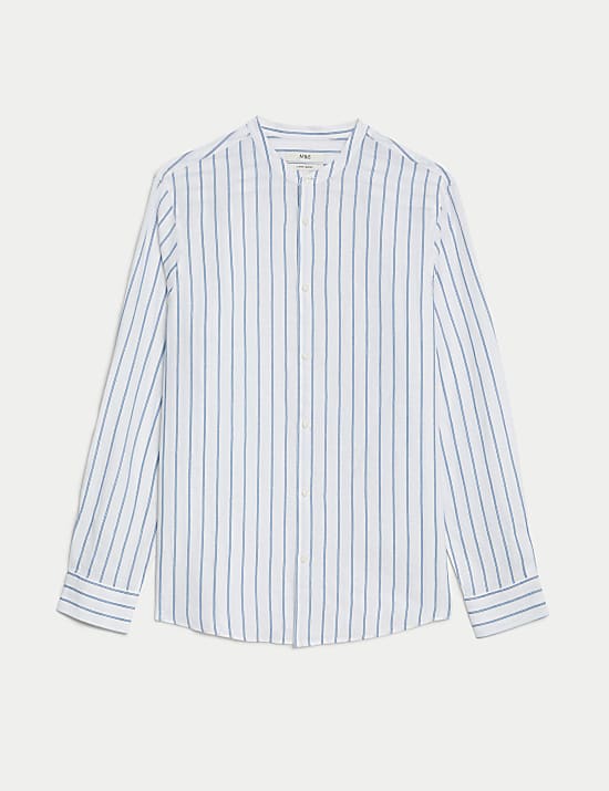 Linen Rich Striped Grandad Collar Shirt