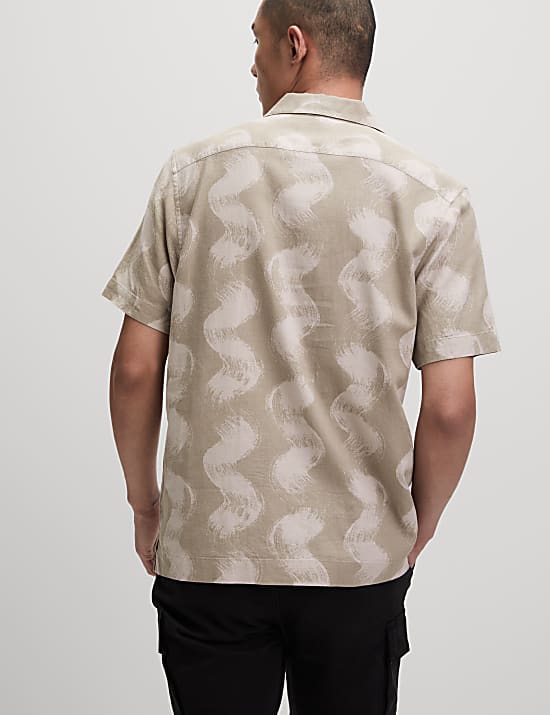 Linen Rich Cuban Collar Wave Print Shirt