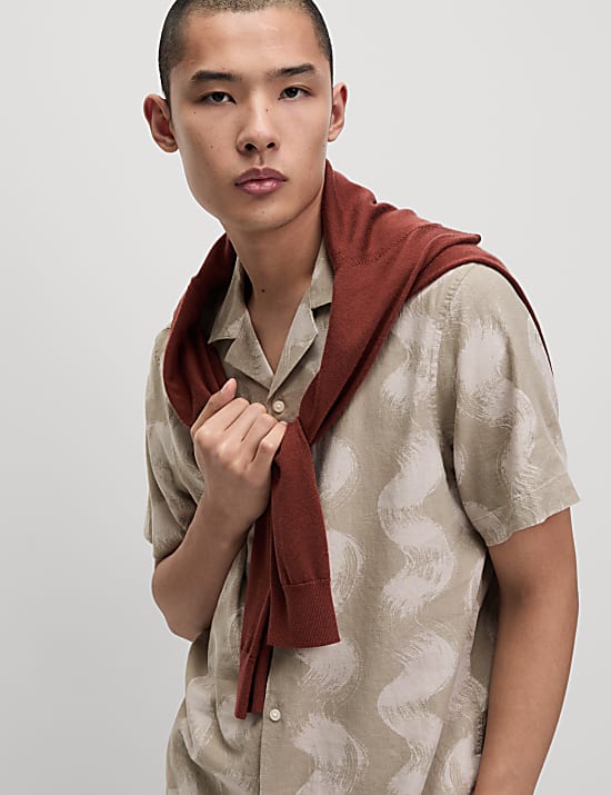 Linen Rich Cuban Collar Wave Print Shirt