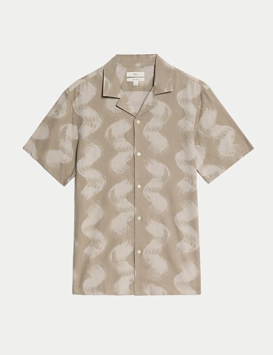 Linen Rich Cuban Collar Wave Print Shirt