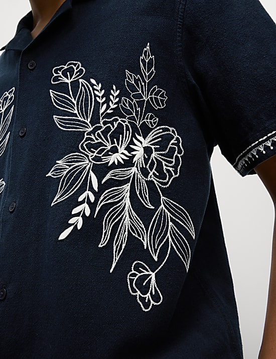 Cotton Linen Blend Short Sleeve Embroidered Shirt