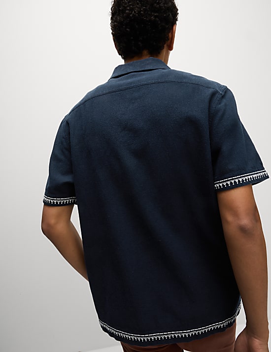 Cotton Linen Blend Short Sleeve Embroidered Shirt