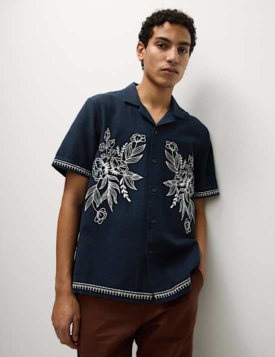 Cotton Linen Blend Short Sleeve Embroidered Shirt