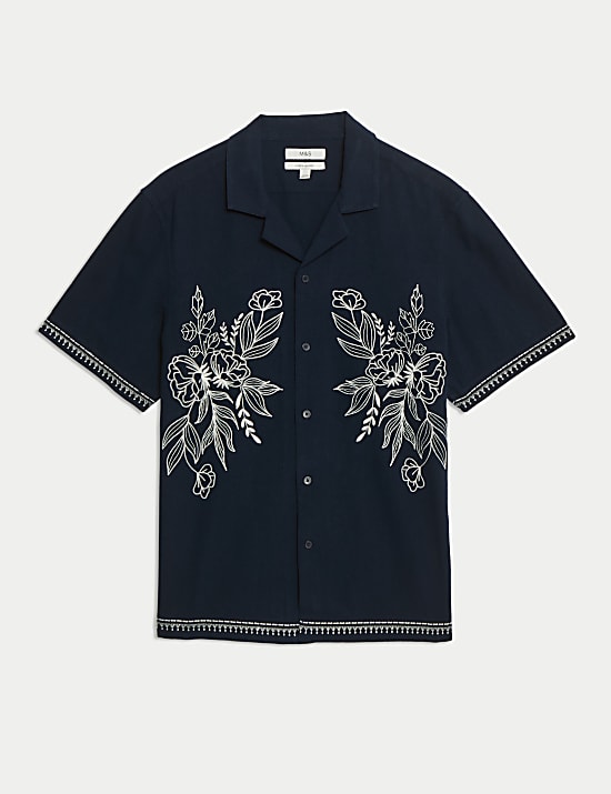 Cotton Linen Blend Short Sleeve Embroidered Shirt