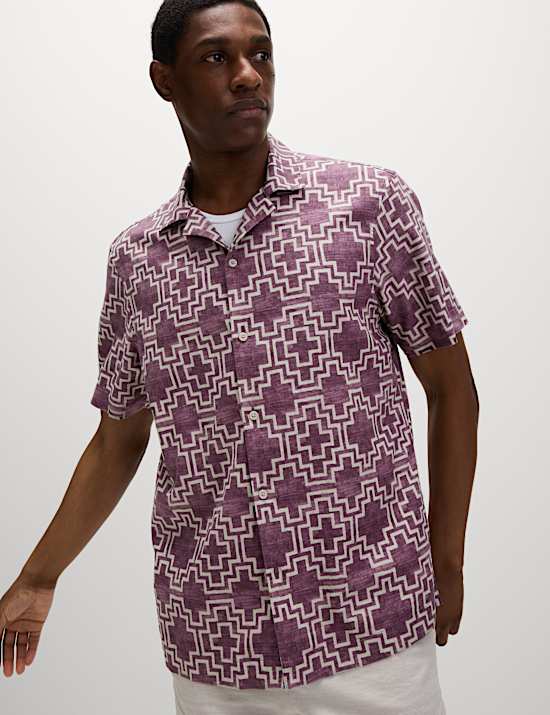 Linen Blend Geometric Print Short Sleeve Shirt