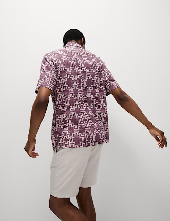 Linen Blend Geometric Print Short Sleeve Shirt