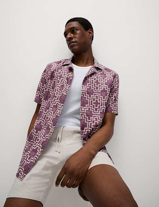 Linen Blend Geometric Print Short Sleeve Shirt