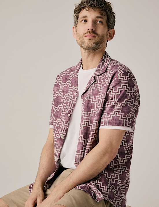 Linen Blend Geometric Print Short Sleeve Shirt