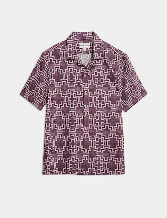 Linen Blend Geometric Print Short Sleeve Shirt