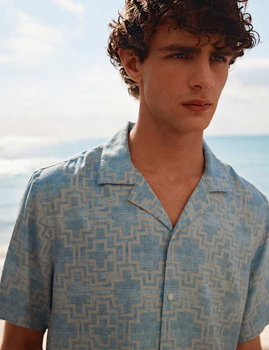 Linen Blend Geometric Print Short Sleeve Shirt