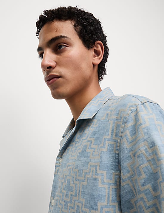 Linen Blend Geometric Print Short Sleeve Shirt