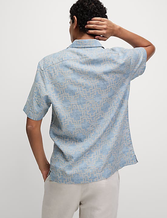Linen Blend Geometric Print Short Sleeve Shirt