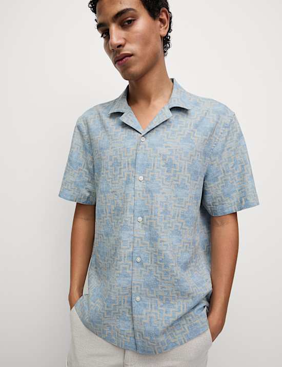 Linen Blend Geometric Print Short Sleeve Shirt