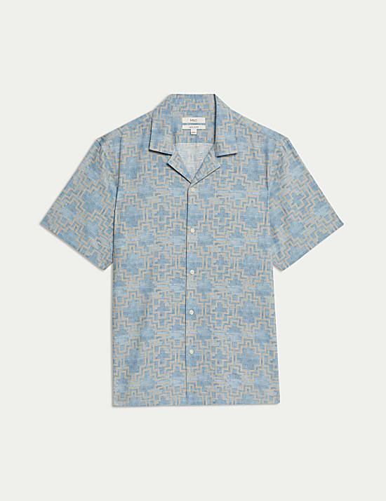 Linen Blend Geometric Print Short Sleeve Shirt