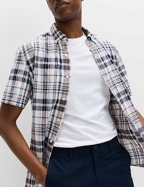 Cotton Linen Blend Check Short Sleeve Shirt