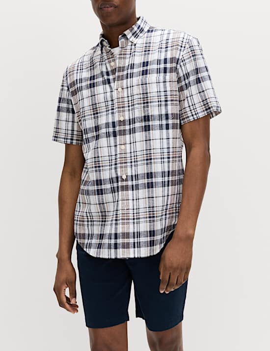 Cotton Linen Blend Check Short Sleeve Shirt