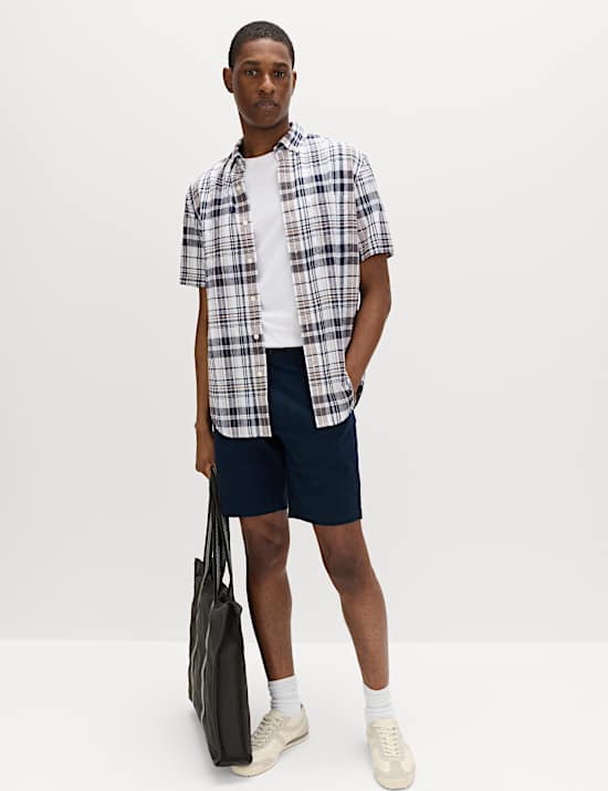Cotton Linen Blend Check Short Sleeve Shirt