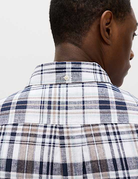 Cotton Linen Blend Check Short Sleeve Shirt