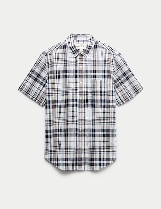 Cotton Linen Blend Check Short Sleeve Shirt