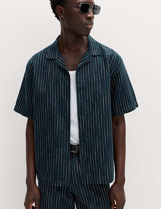 Cotton Linen Blend Striped Short Sleeve Shirt