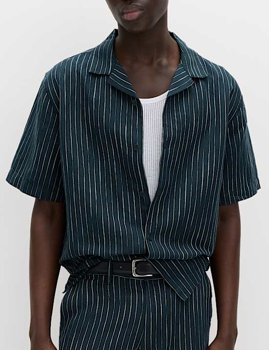 Cotton Linen Blend Striped Short Sleeve Shirt