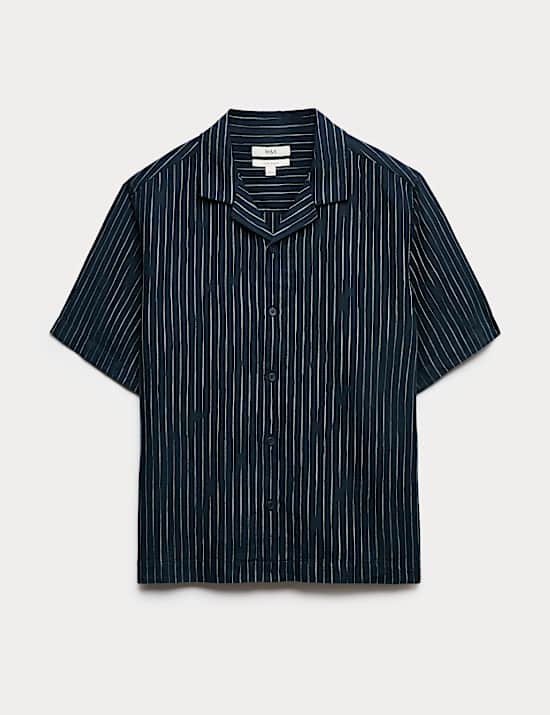 Cotton Linen Blend Striped Short Sleeve Shirt