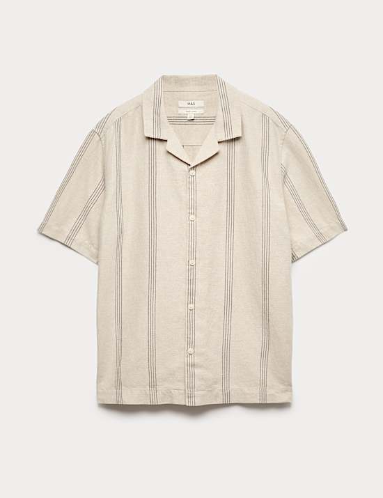 Cotton Linen Blend Striped Short Sleeve Shirt